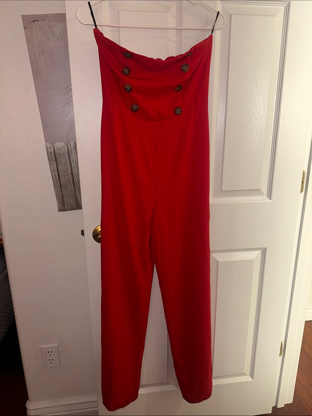 Red Strapless Jumpsuit with Button Detail